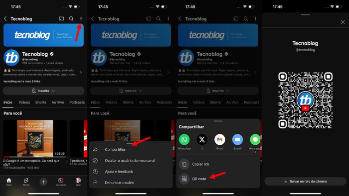Compartilhando canal do YouTube via QR Code (imagem: Emerson Alecrim/Tecnoblog)