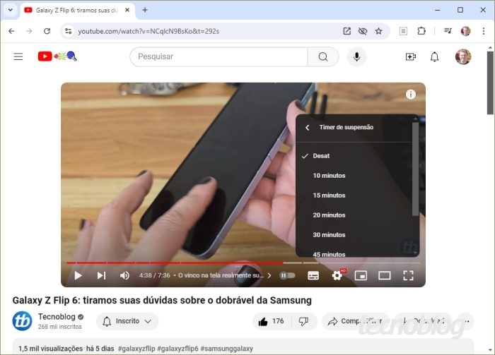 A função "Timer de suspensão" do YouTube no desktop (imagem: Emerson Alecrim/Tecnoblog)