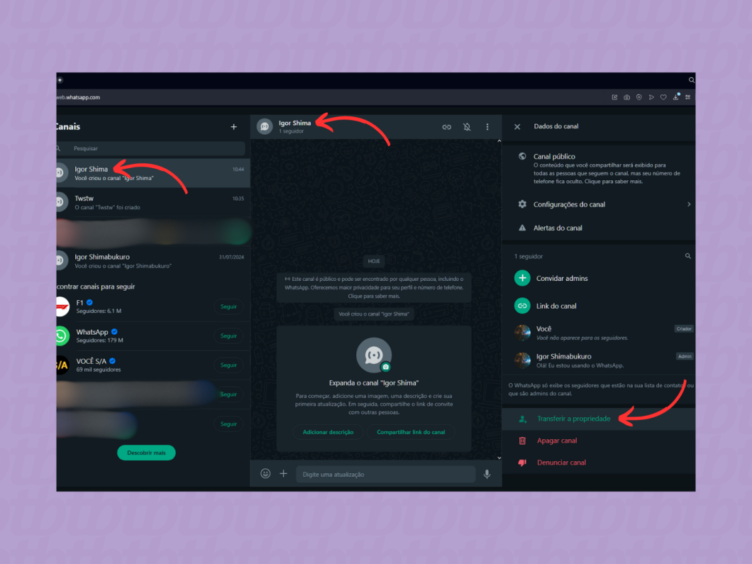 Transferindo a propriedade do canal pelo WhatsApp Web