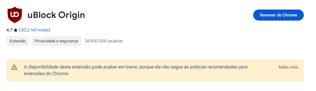 Mensagem na página do uBlock na Chrome Web Store informa que extensão perderá suporte no Chrome (Imagem: Everton Favretto/Tecnoblog)