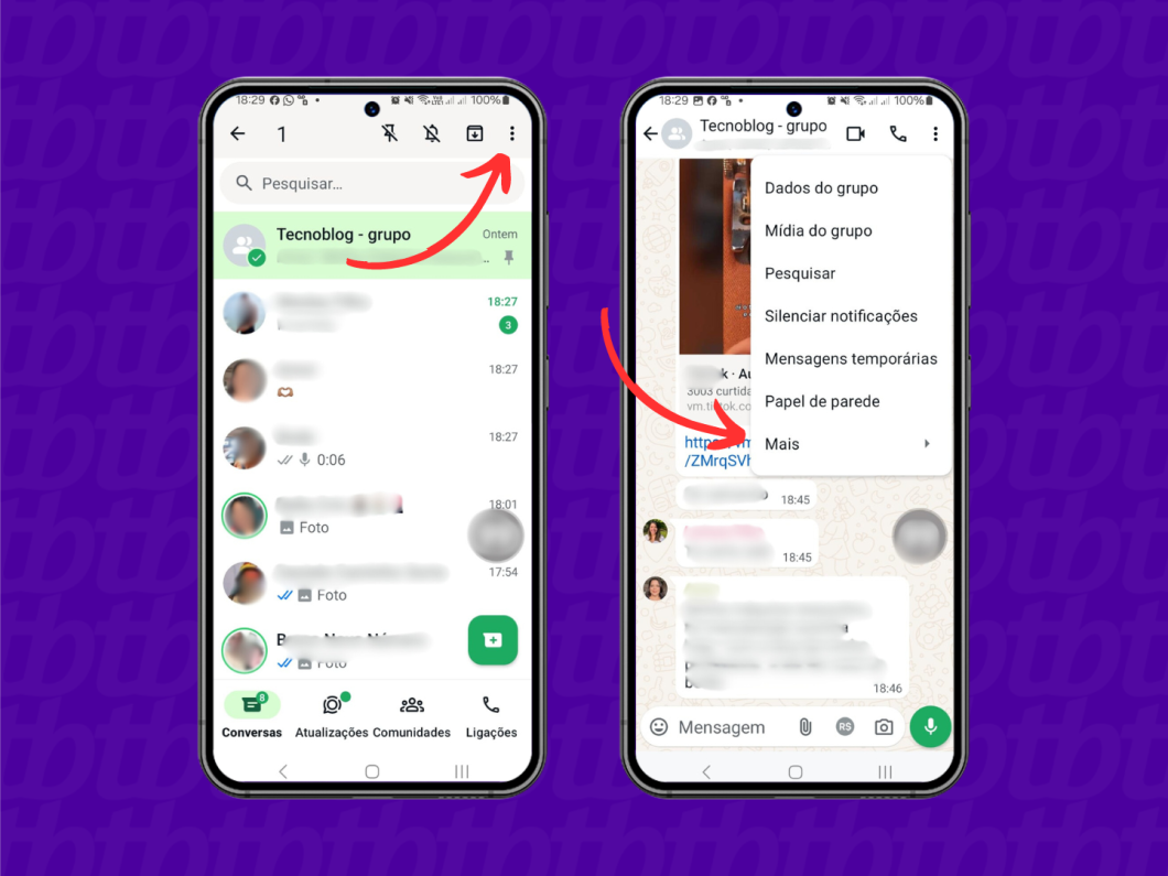 Telas de conversas do WhatsApp para Android indicando o passo a passo de como limpar uma conversa.