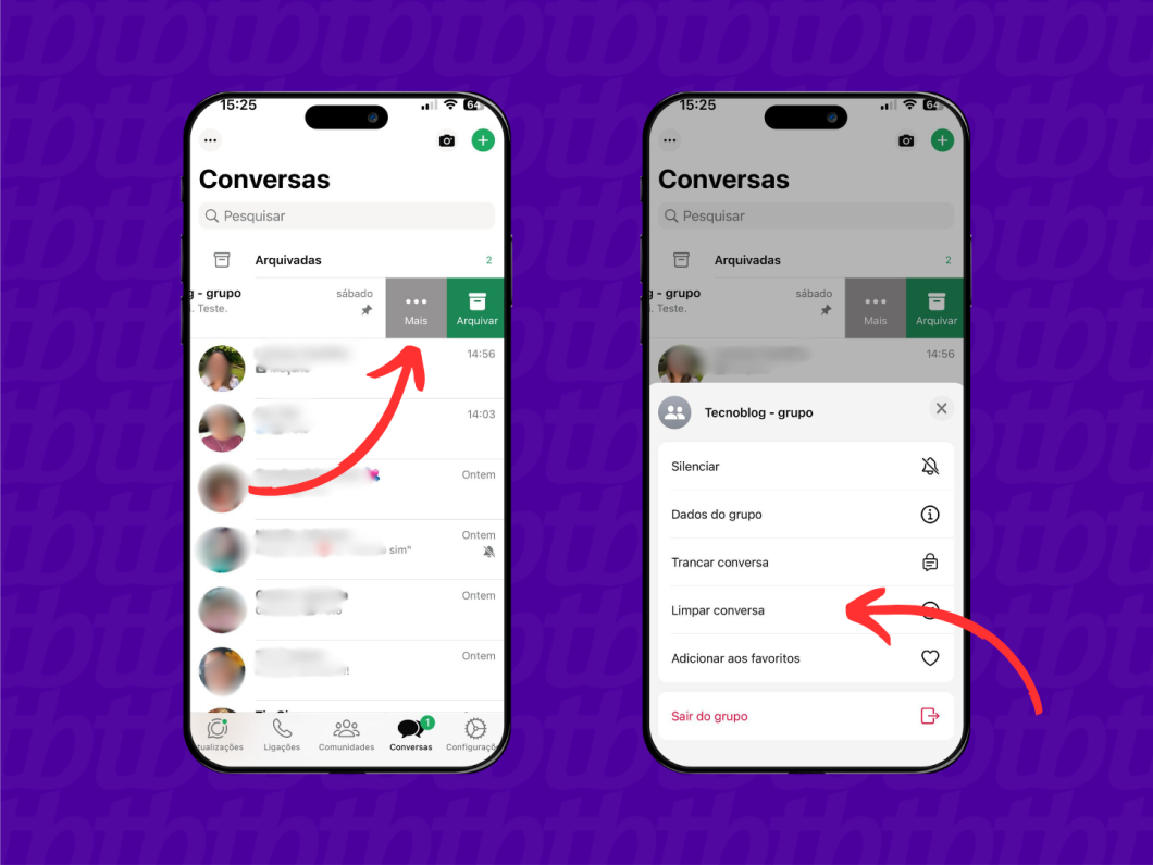 Como limpar conversas ou grupos no WhatsApp no iOS.