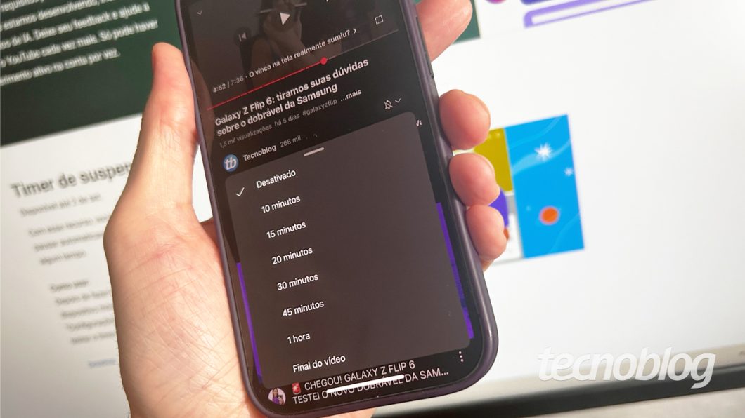 A função "Timer de suspensão" do YouTube (imagem: Emerson Alecrim/Tecnoblog)