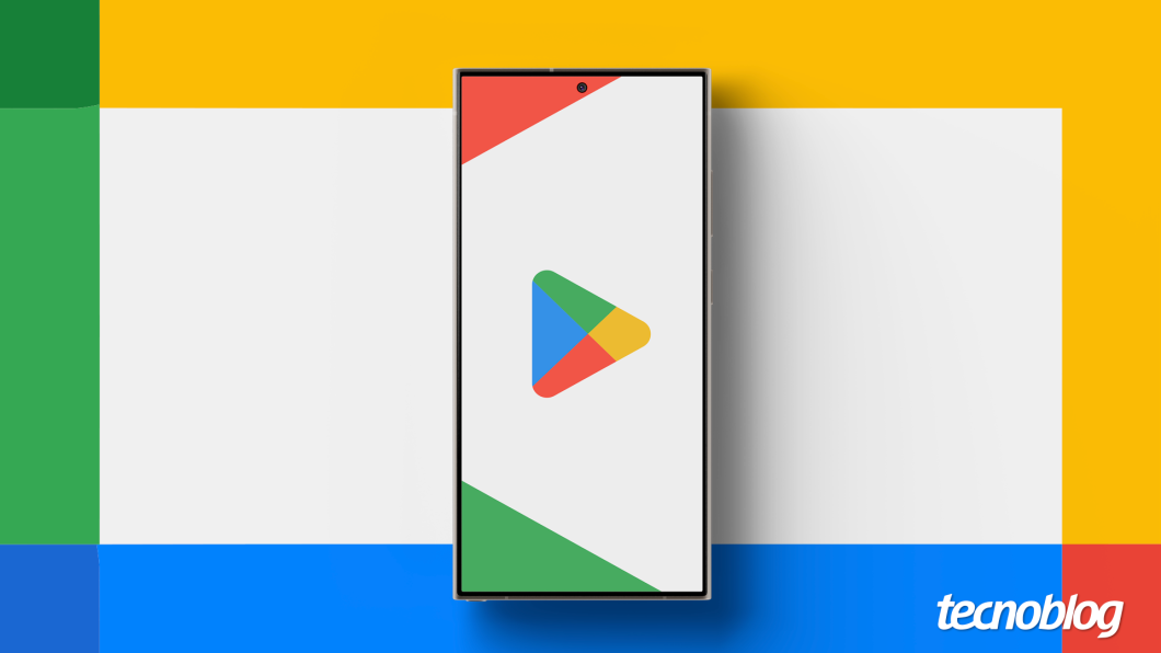 Fundo com as cores do Google nas laterais, branco no centro e um smartphone exibindo o logo da Play Store