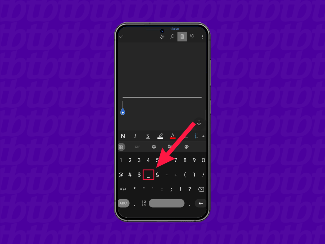 Captura de tela mostrando como inserir sublinhado (underline) para formar uma linha de assinatura no aplicativo Word para celular.