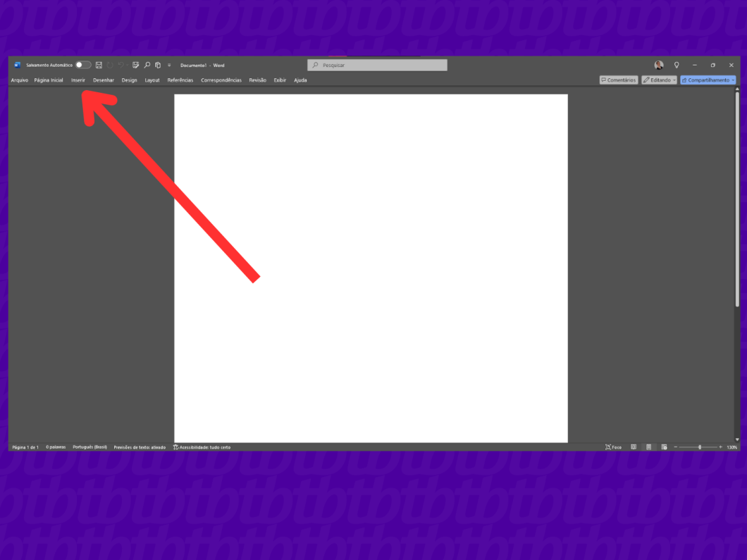 Captura de tela mostrando como acessar a seção "inserir" no Word para desktop.
