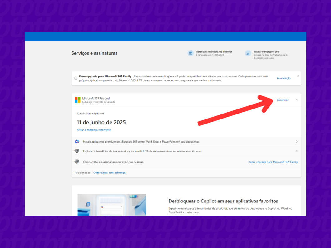 Captura de tela da seção de assinaturas da conta Microsoft, onde há a assinatura do Microsoft 365.