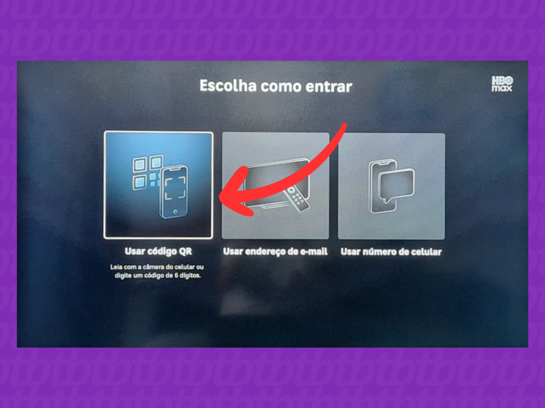 Selecionar a opção “Usar código QR” para entrar na HBO Max