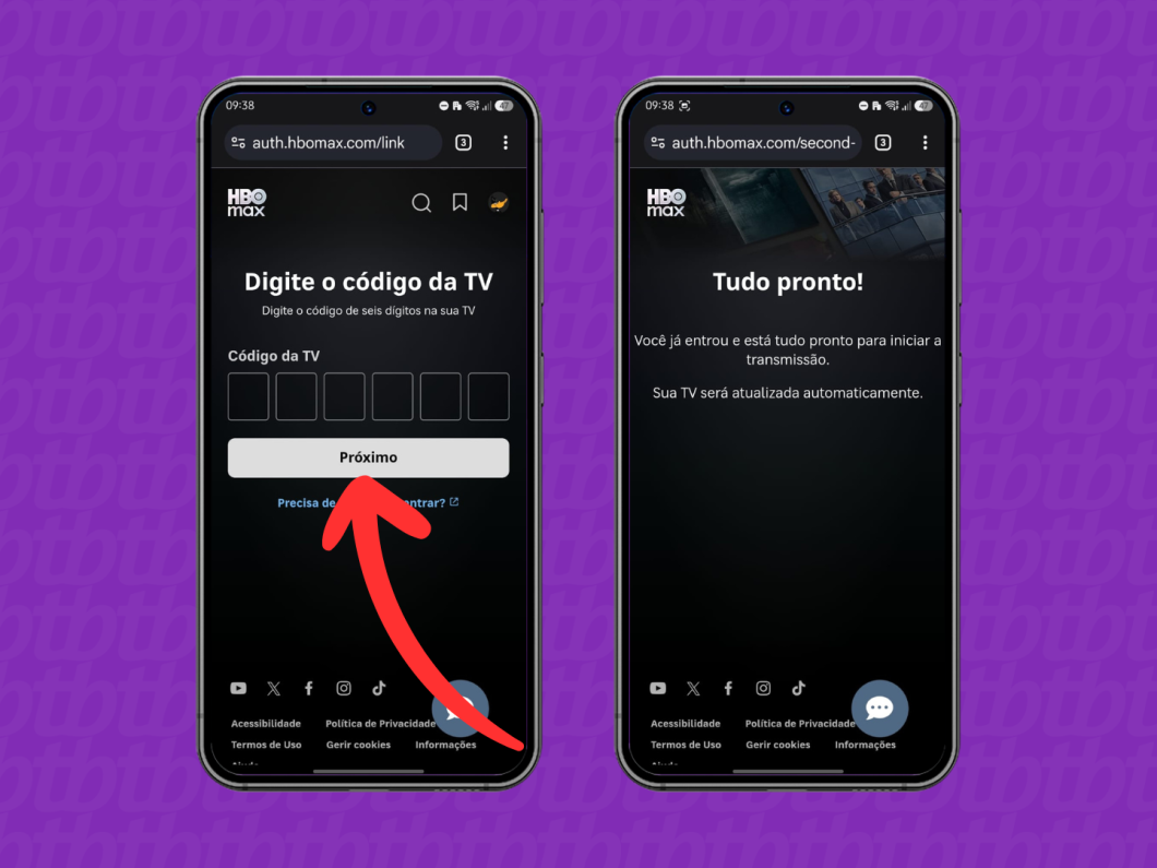 Enviando o código para vincular a conta da HBO Max à TV