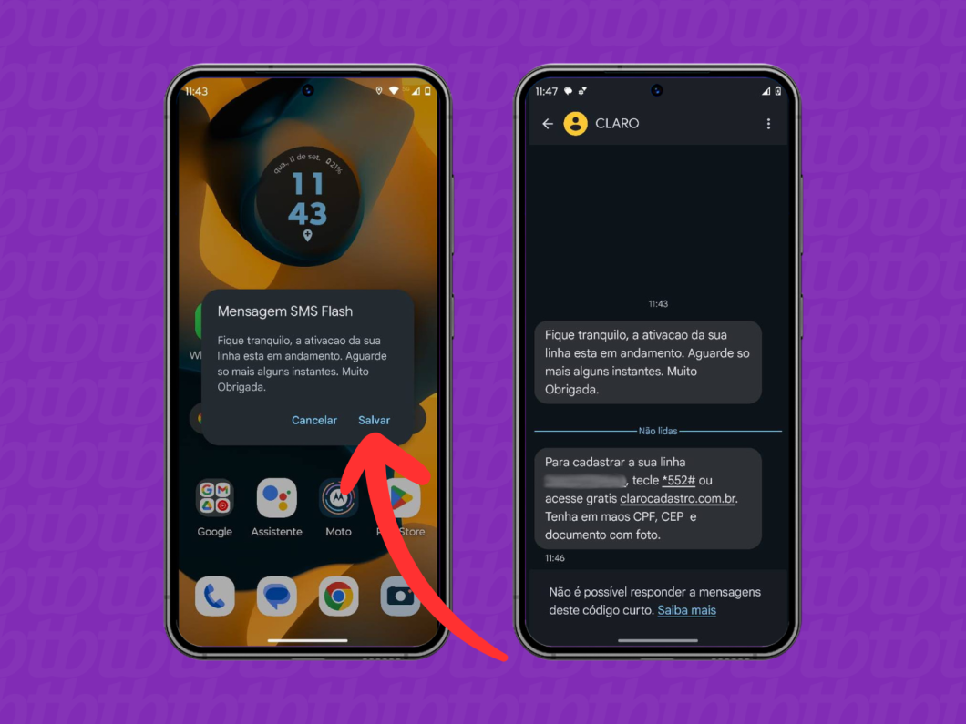 Captura de tela do Android mostra como as mensagens do início do cadastro do chip Claro