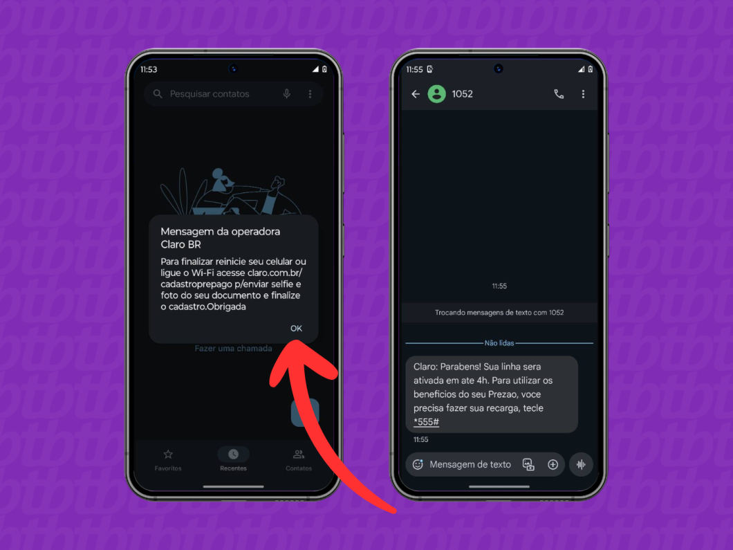 Captura de tela do Android mostra as mensagens de confirmação do cadastro do chip