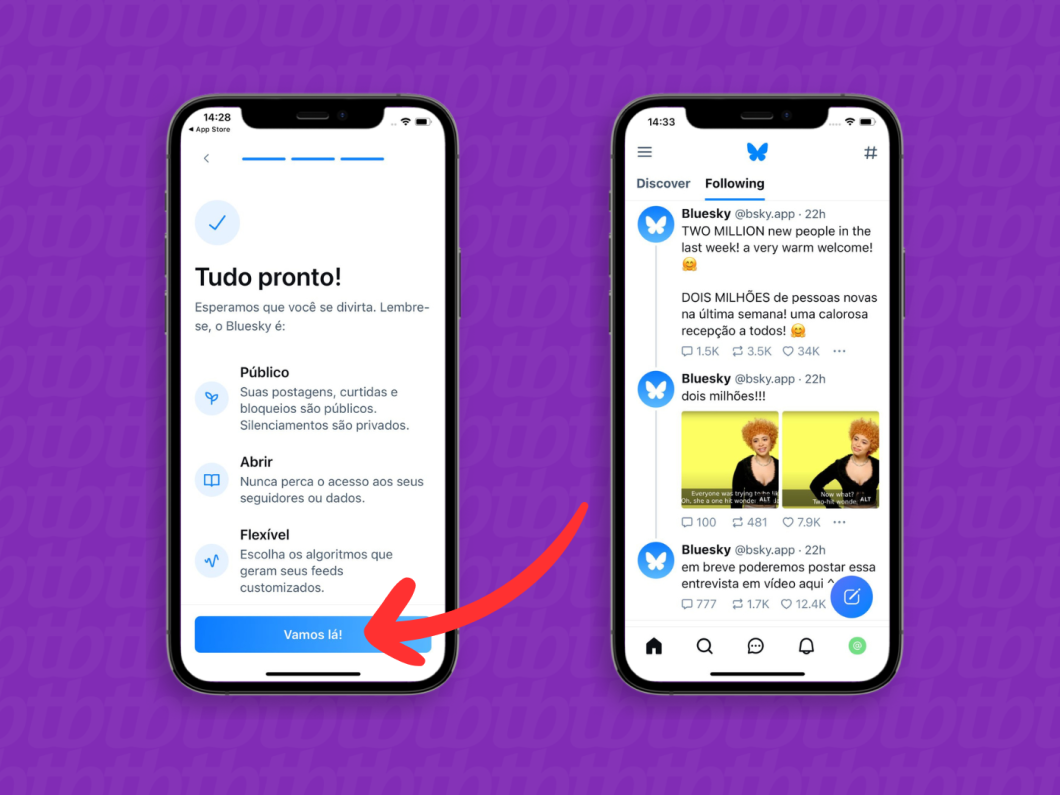 Captura de tela do aplicativo Bluesky mostra como concluir o cadastro da conta