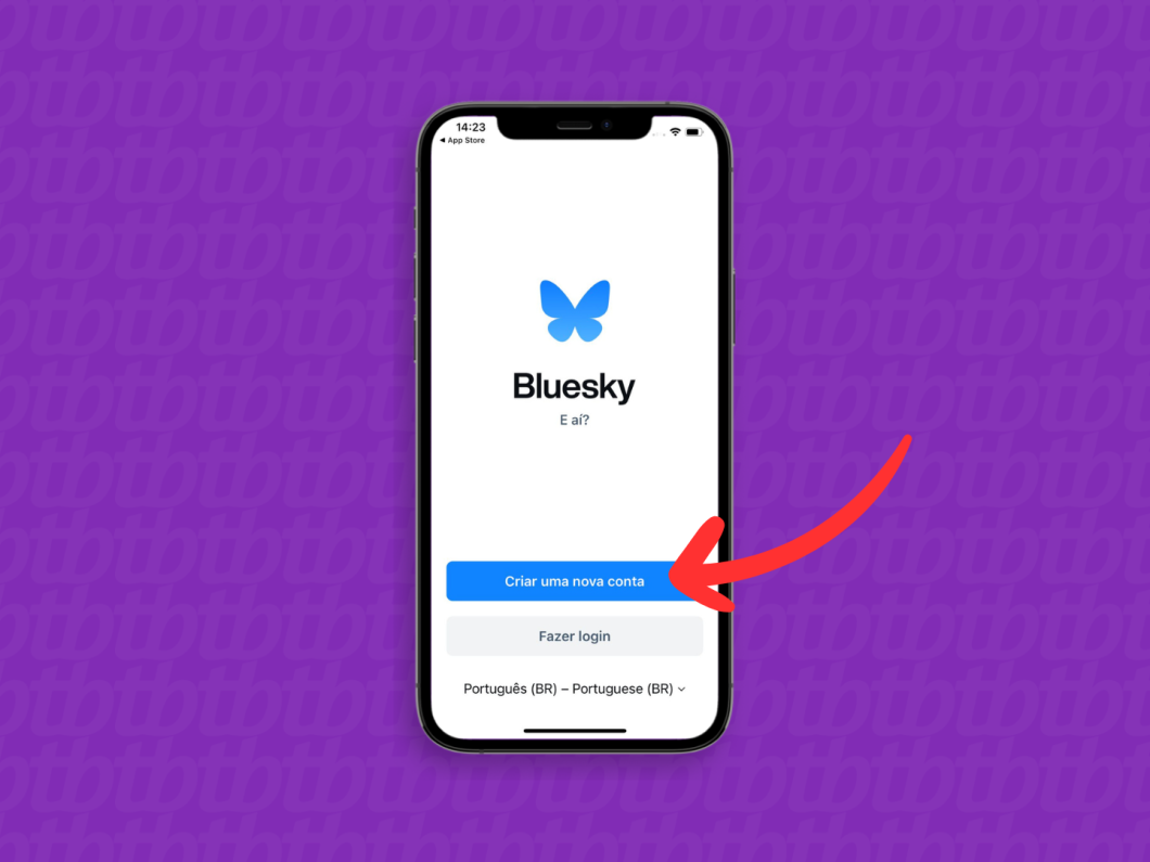 Captura de tela do aplicativo Bluesky mostra como iniciar a criação da conta