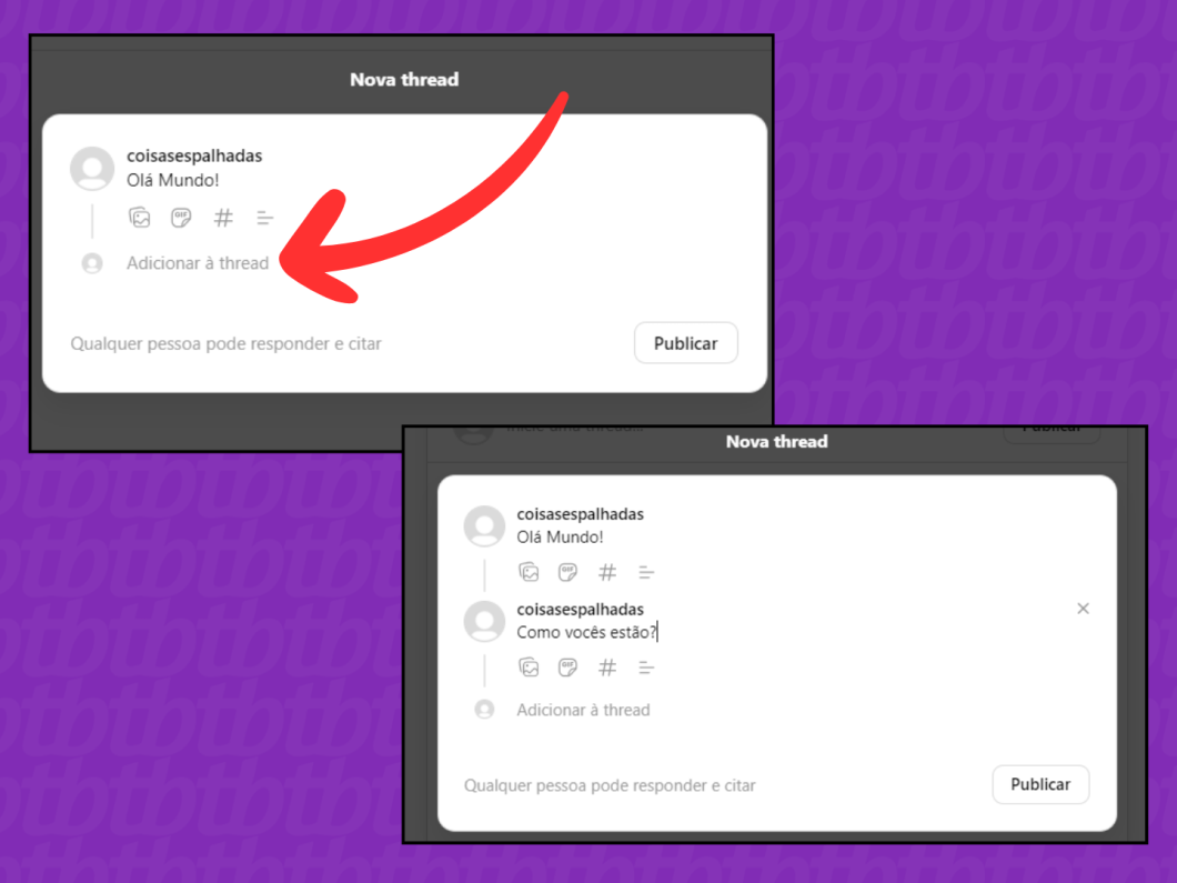 Captura de tela do site Threads mostra como criar uma thread com várias publicações