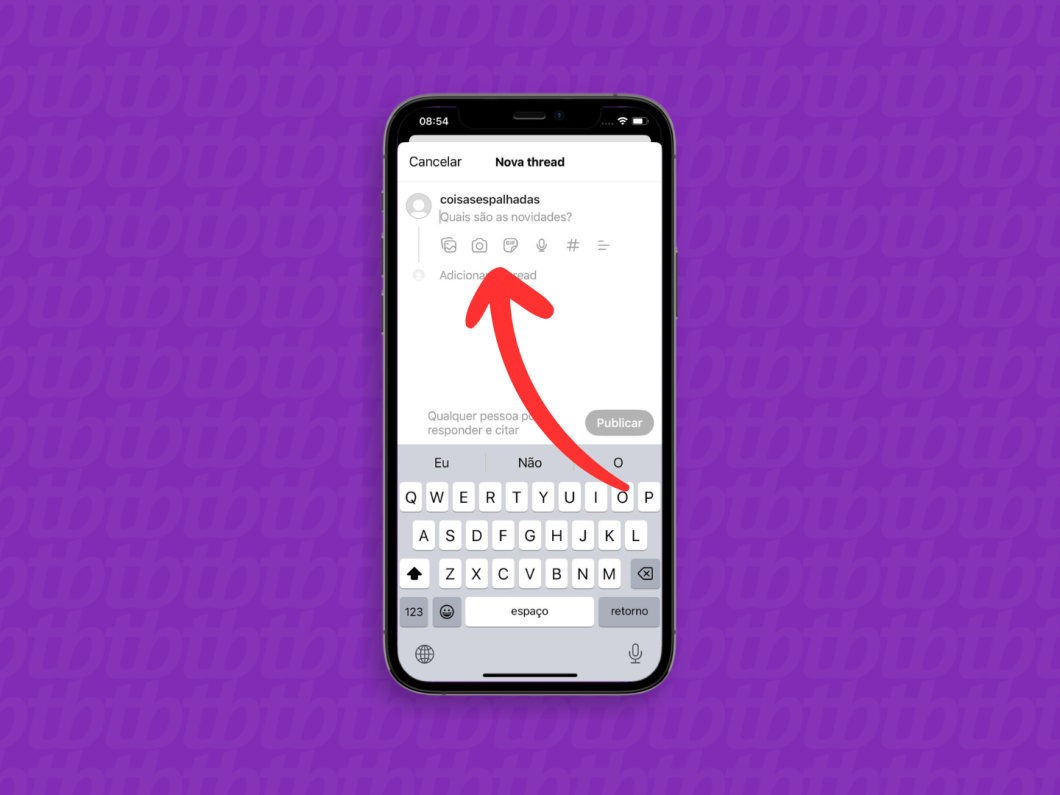 Captura de tela do aplicativo Threads mostra como acessar as ferramentas de publicação