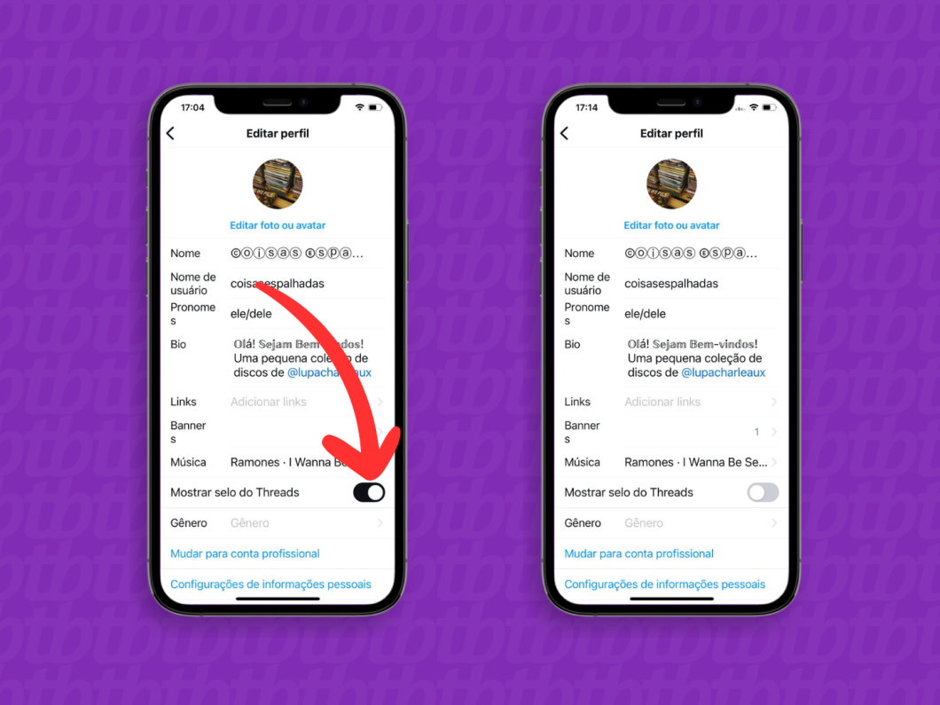 Captura de tela do Instagram mostra como desativar a opção Mostrar selo do Threads