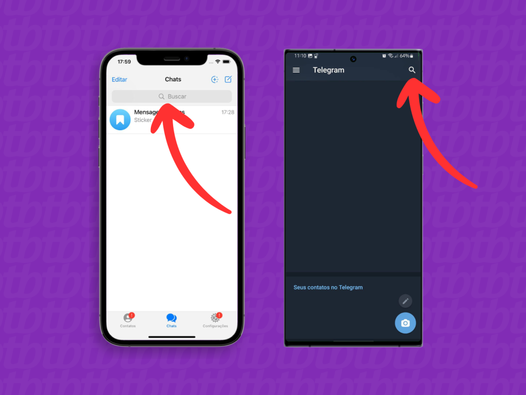 Capturas de tela do aplicativo Telegram no iPhone e Android mostram como abrir a busca