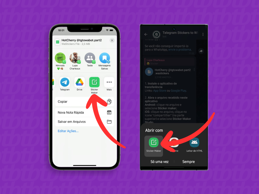 Capturas de tela do aplicativo Telegram no iPhone e Android mostram como abrir o arquivo com o Sticker Maker