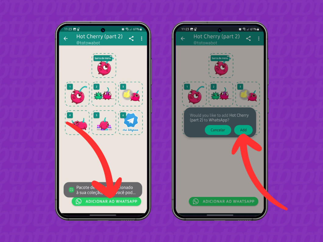 Capturas de tela do aplicativo Sticker Maker no Android mostram como adicionar a figurinha ao WhatsApp