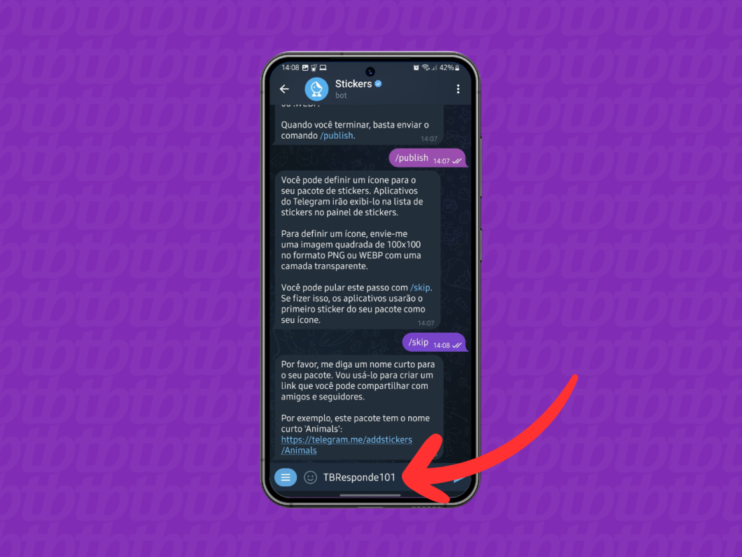 Capturas de tela do Telegram no Android mostram como criar o link do pacote de figurinhas
