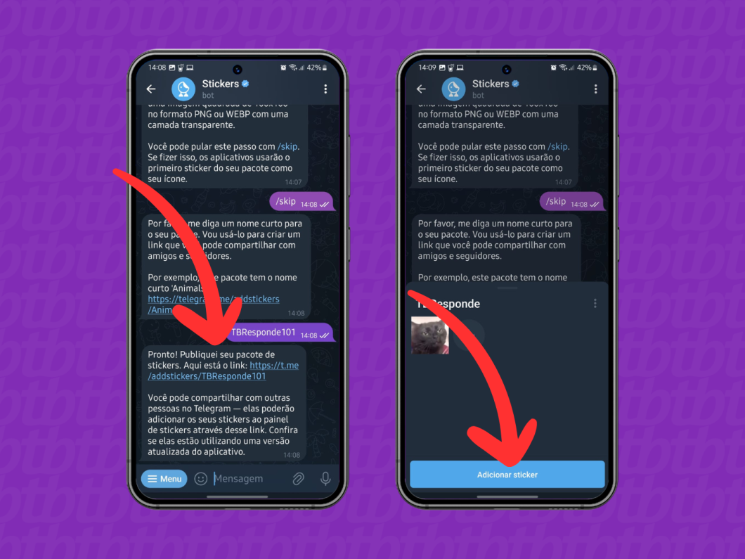 Capturas de tela do Telegram no Android mostram como adicionar o pacote de figurinhas
