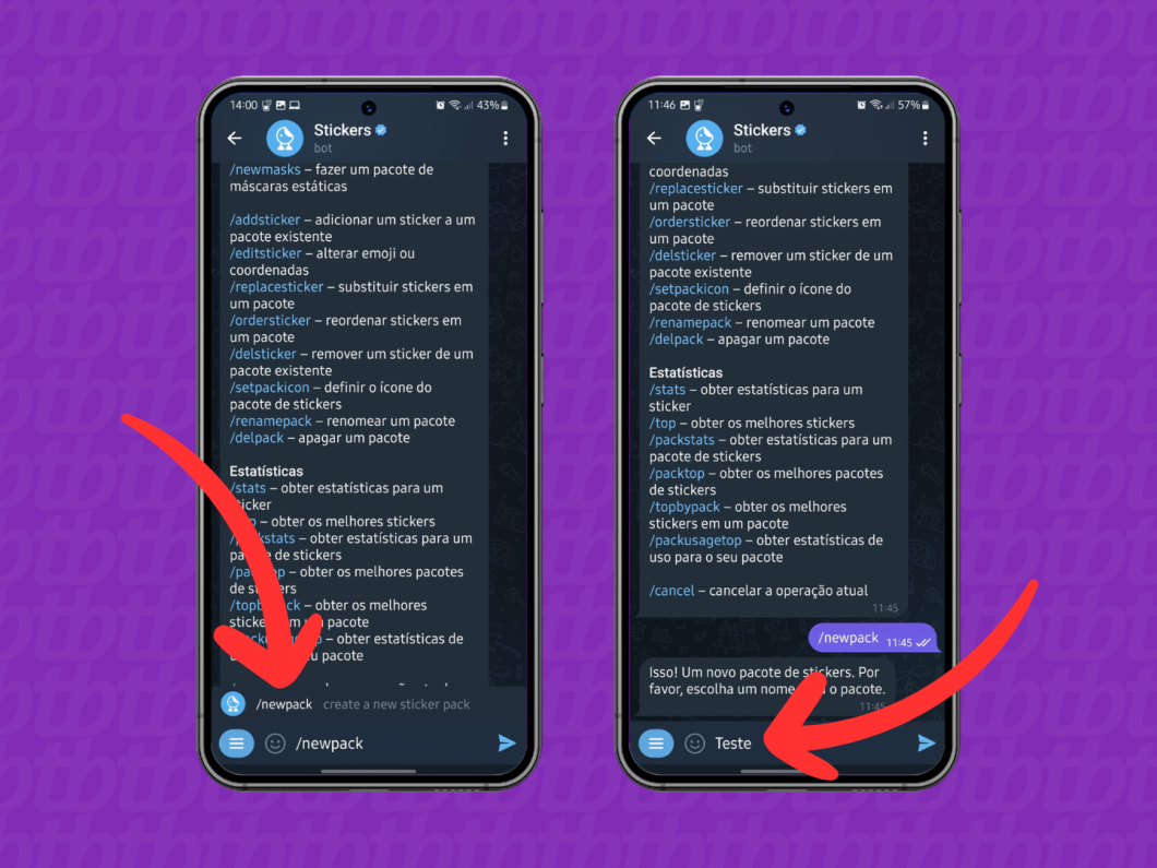 Capturas de tela do Telegram no Android mostram como criar e nomear o pacote de figurinhas