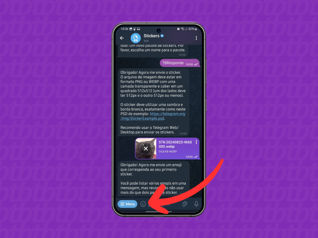 Captura de tela do Telegram no Android mostra como selecionar os emojis para figurinhas