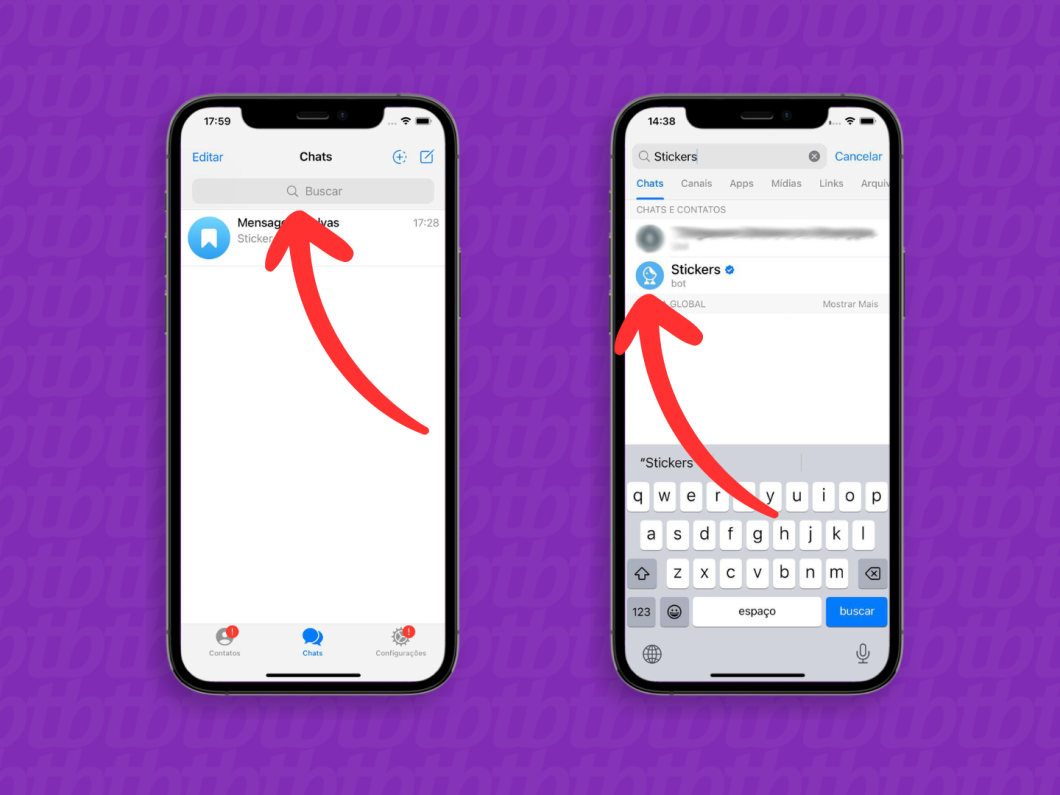 Captura de tela do Telegram no iPhone mostra como abrir o bot stickers