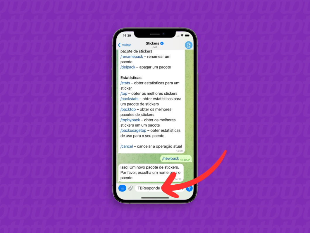 Captura de tela do Telegram no iPhone mostra como criar um nome para o pacote de figurinhas