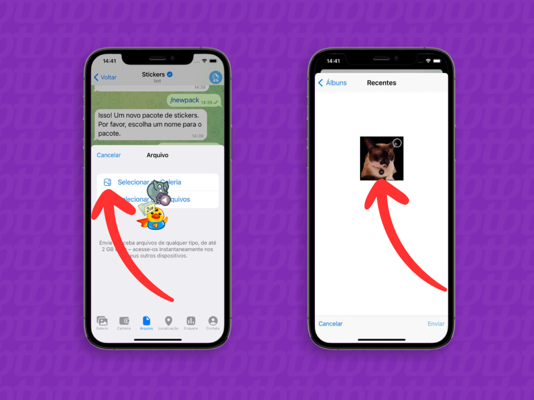 Captura de tela do Telegram no iPhone mostra como selecionar um arquivo da galeria