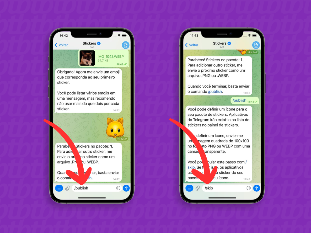 Captura de tela do Telegram no iPhone mostra como concluir o pacote de figurinha