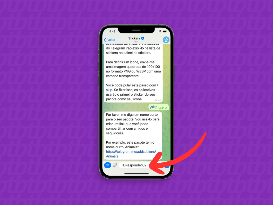 Captura de tela do Telegram no iPhone mostra como criar o link do pacote de figurinha