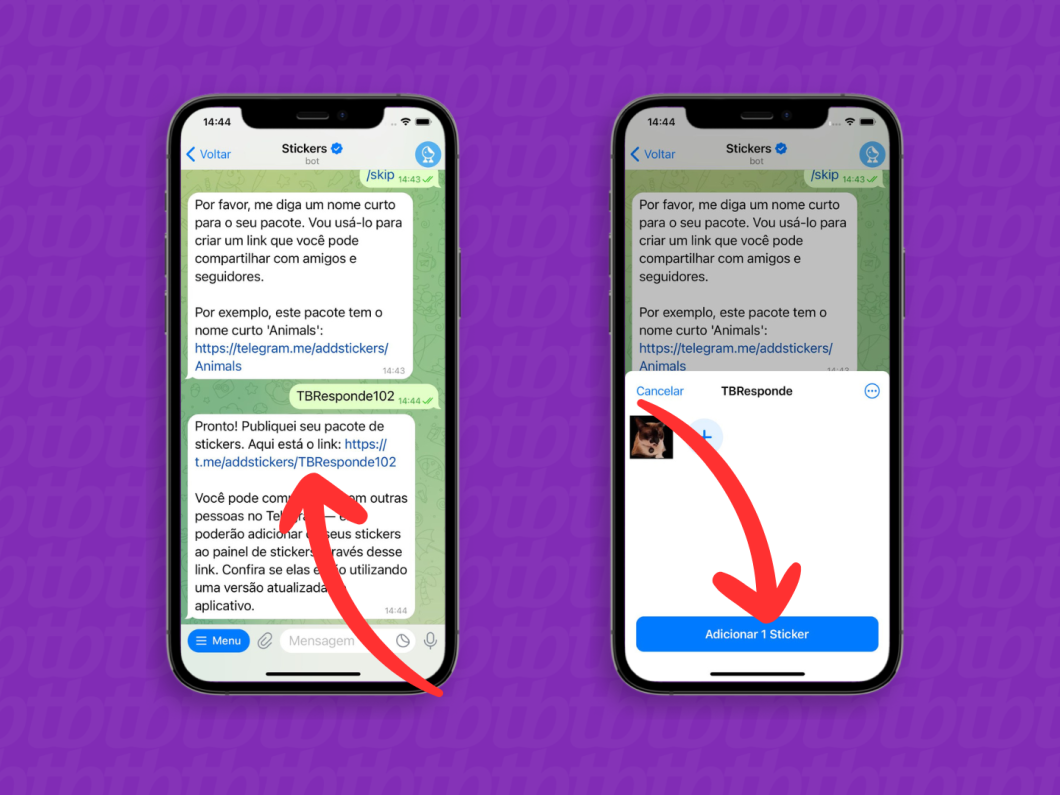 Captura de tela do Telegram no iPhone mostra como adicionar o pacote de figurinha