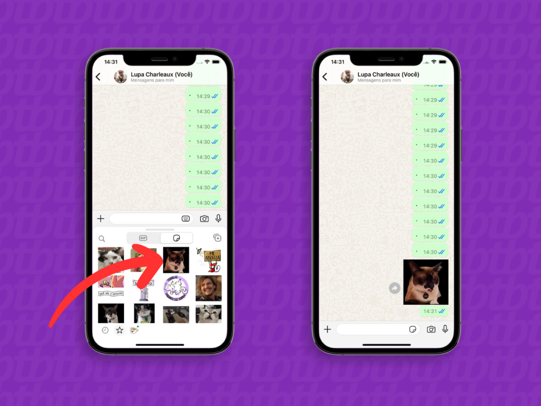 Captura de tela do WhatsApp no iPhone mostra como enviar uma figurinha