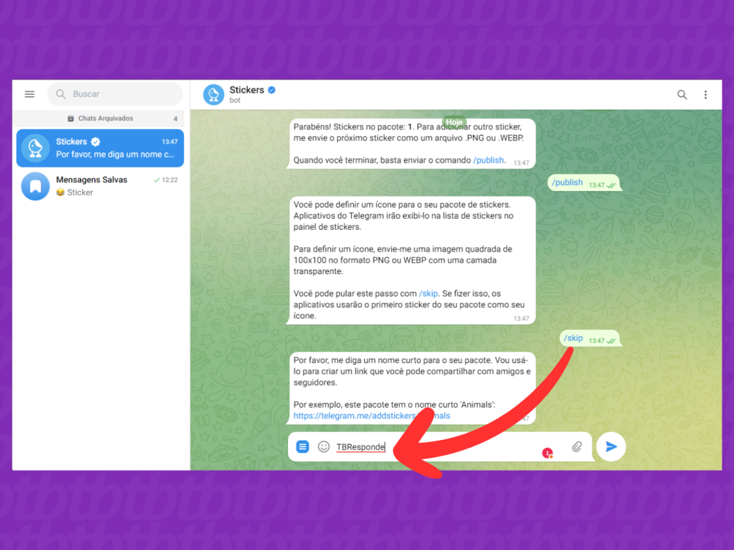 Captura de tela do Telegram Web mostra como criar o link para o pacote de figurinhas