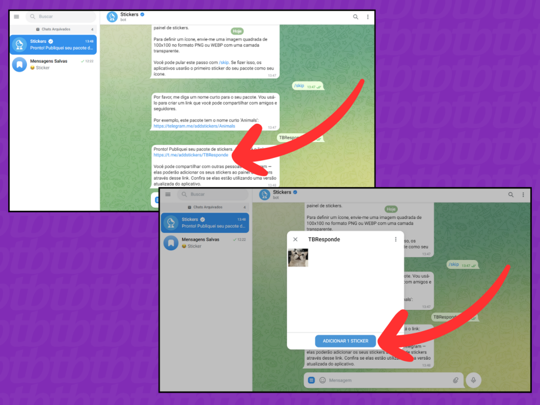 Captura de tela do Telegram Web mostra como adicionar o pacote de figurinhas