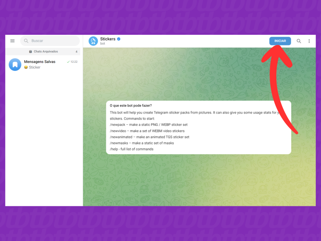 Captura de tela do Telegram Web mostra como iniciar o bot Stickers