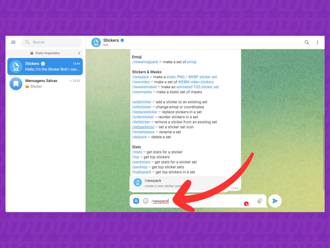 Captura de tela do Telegram Web mostra como criar um pacote de figurinhas