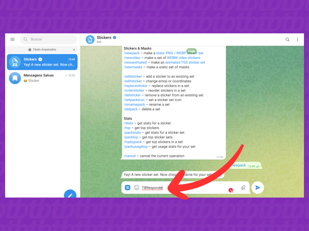 Captura de tela do Telegram Web mostra como nomear o pacote de figurinhas