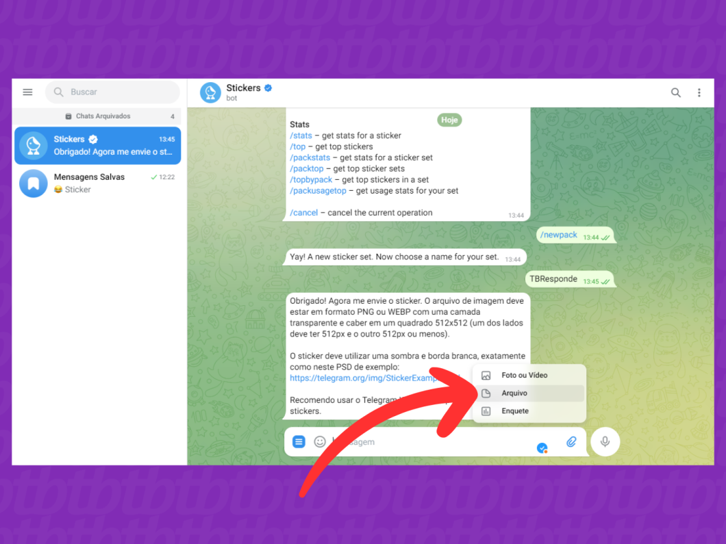 Captura de tela do Telegram Web mostra como selecionar um arquivo