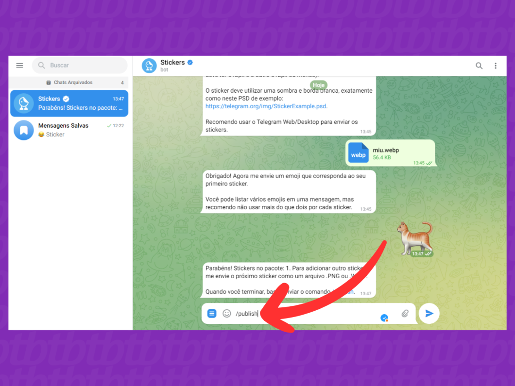 Captura de tela do Telegram Web mostra como fechar o pacote de figurinhas