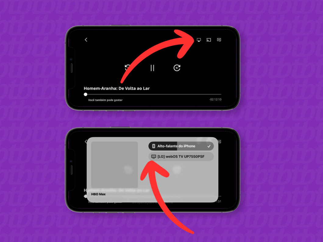 Selecionando o AirPlay no iPhone para espelhar a HBO Max na TV e escolher o dispositivo de áudio