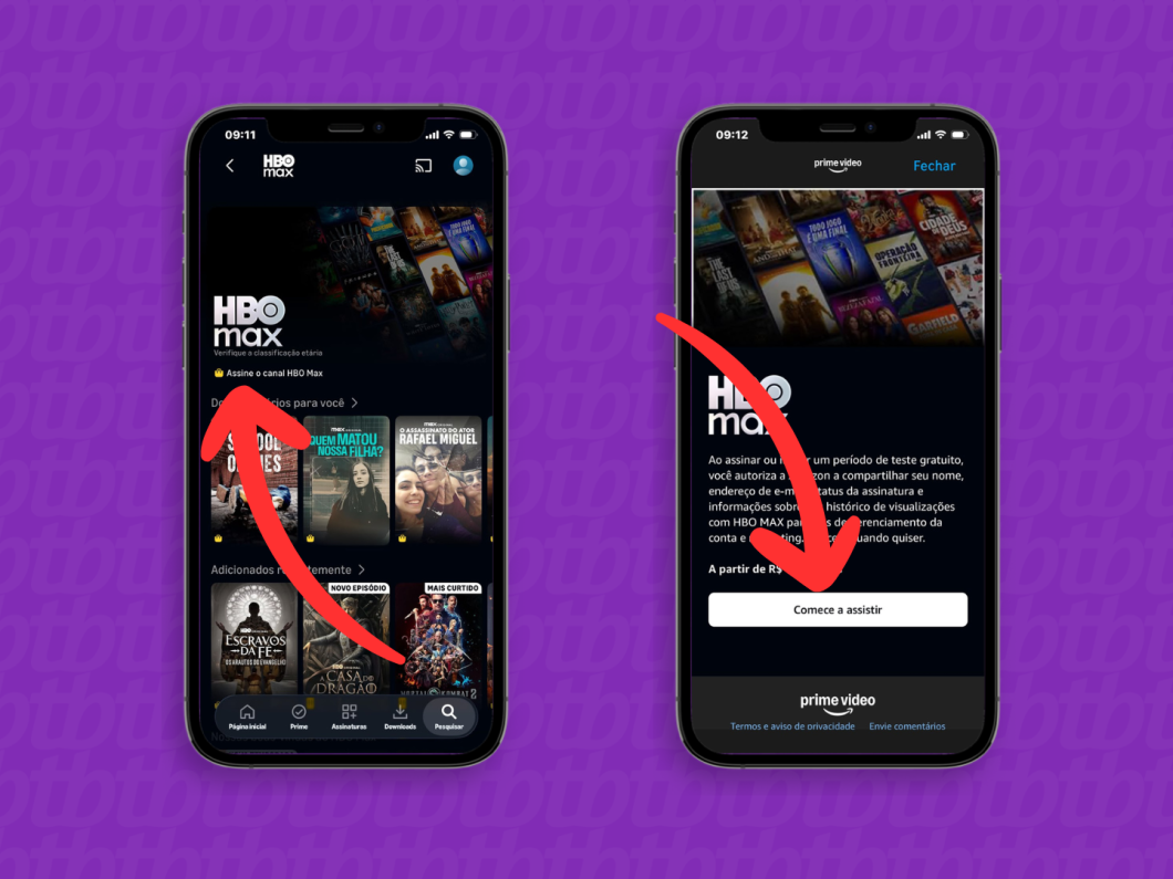 Tela do Prime Video mostrando a contratação e o início de acesso ao canal HBO Max, com botão “Comece a assistir”