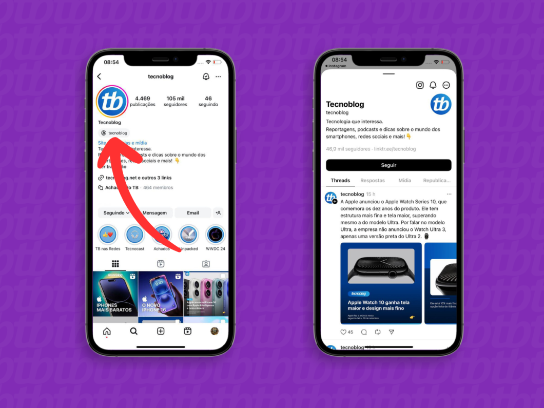 Captura de tela do Instagram mostra como abrir o link para o perfil do Threads
