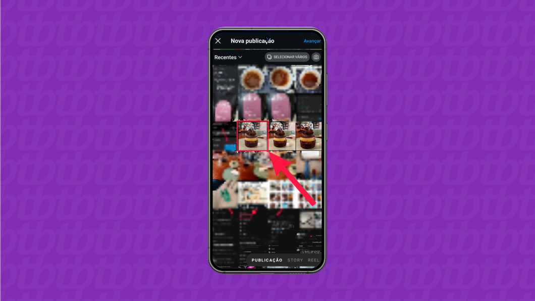 Captura de tela mostrando como selecionar uma imagem para realizar uma nova publicação no app Instagram para Android.