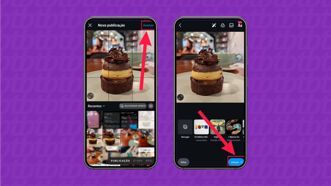 Captura de tela mostrando as telas de edição de imagem do app Instagram para celular.