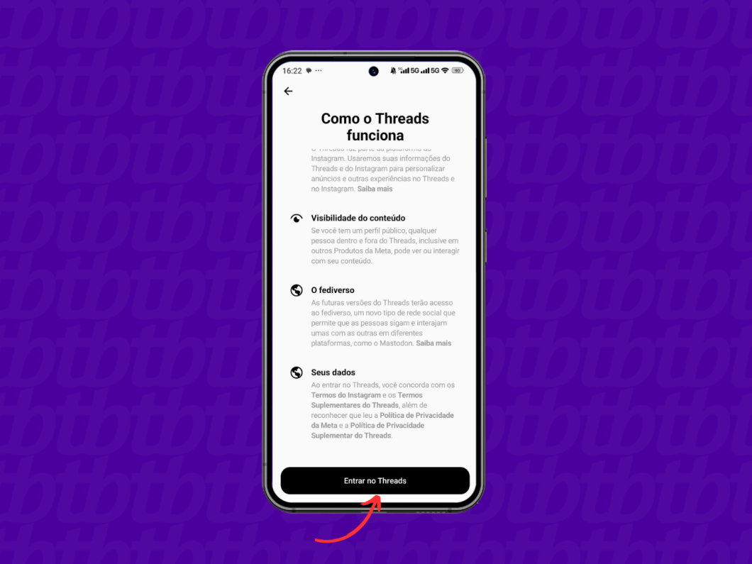 Confirmando o ingresso no Threads pelo celular