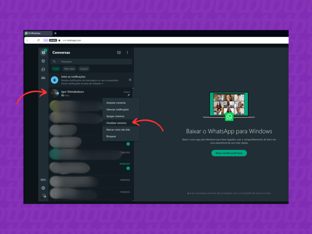Desafixando uma conversa do WhatsApp pelo PC
