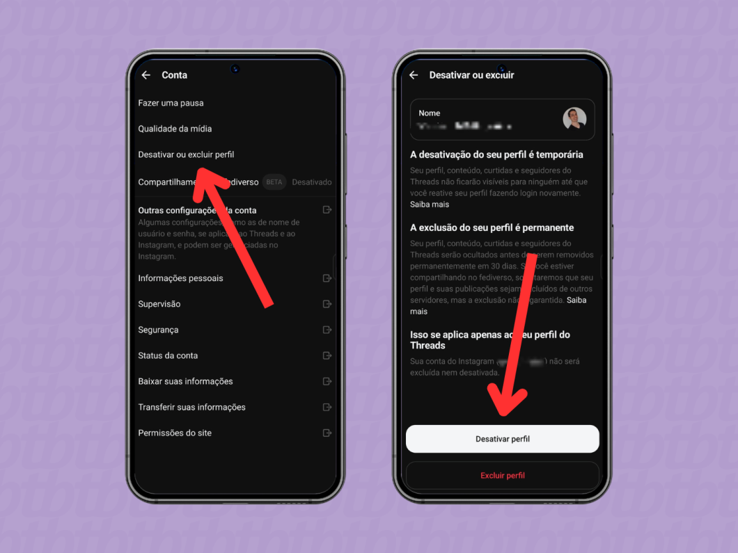 Captura de tela mostrando o processo final de desativação do perfil no app Threads, onde seleciona-se o botão "Desativar perfil" para confirmar a escolha.