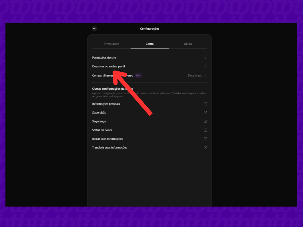 Captura de tela com a opção de desativar ou excluir o perfil do Threads através do PC.